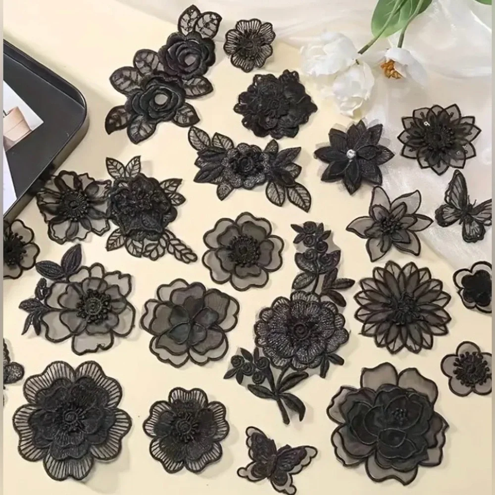 Black Embroidered Sew-On Floral Appliqué, Craft & Clothing Embellishment, New